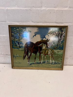 Framed Horse Needlepoint Tapestry with Gold Border - 2ndhandwarehouse.com