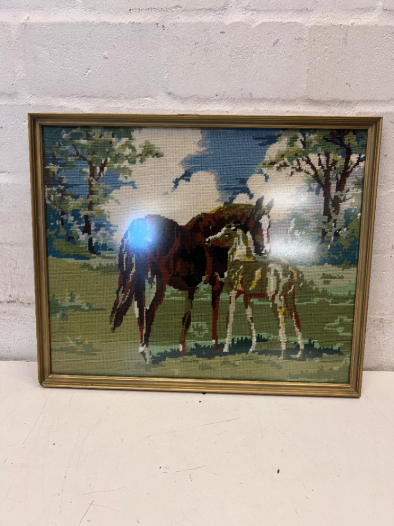 Framed Horse Needlepoint Tapestry with Gold Border - 2ndhandwarehouse.com