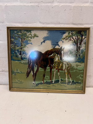 Framed Horse Needlepoint Tapestry with Gold Border - 2ndhandwarehouse.com