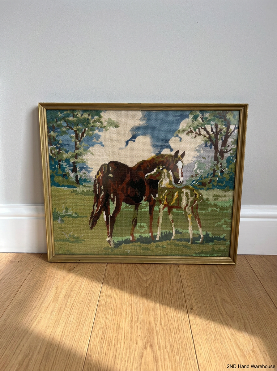 Framed Horse Needlepoint Tapestry with Gold Border - 2ndhandwarehouse.com