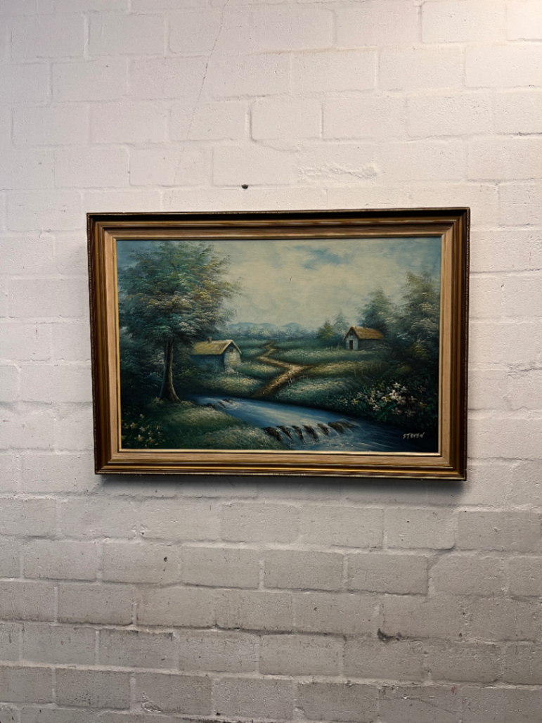 Framed Landscape Oil Painting with Rural Scene — Good Condition