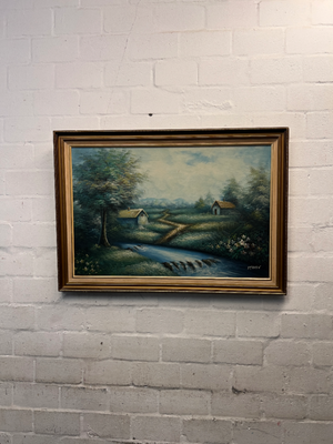 Framed Landscape Oil Painting with Rural Scene — Good Condition