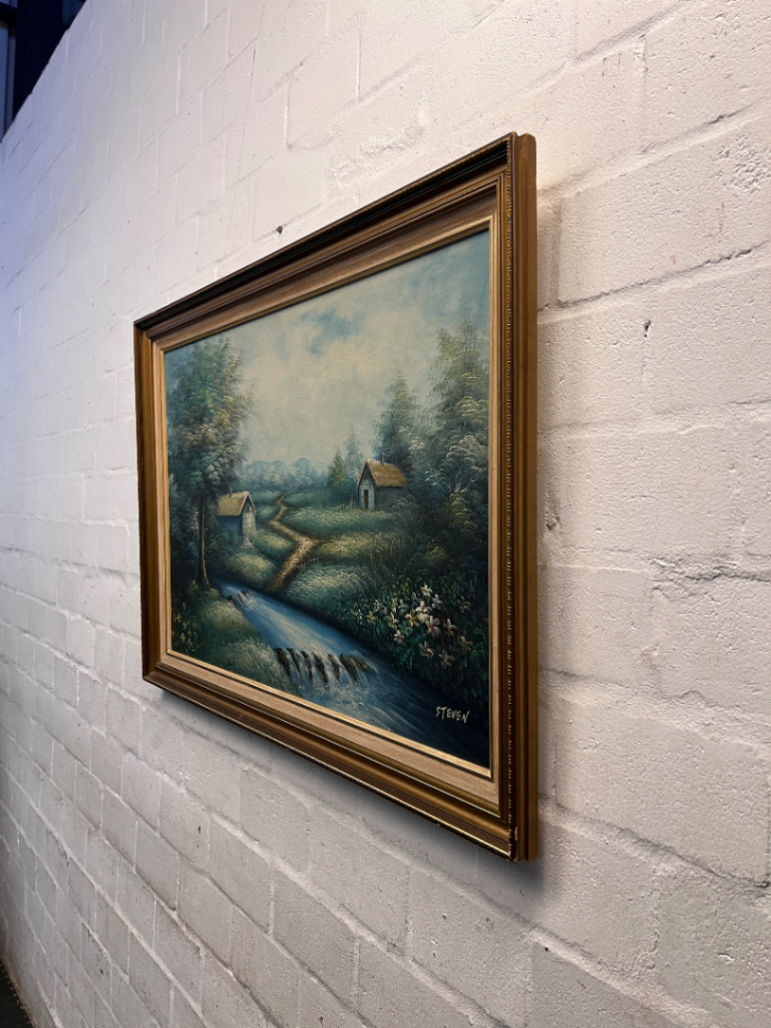Framed Landscape Oil Painting with Rural Scene — Good Condition
