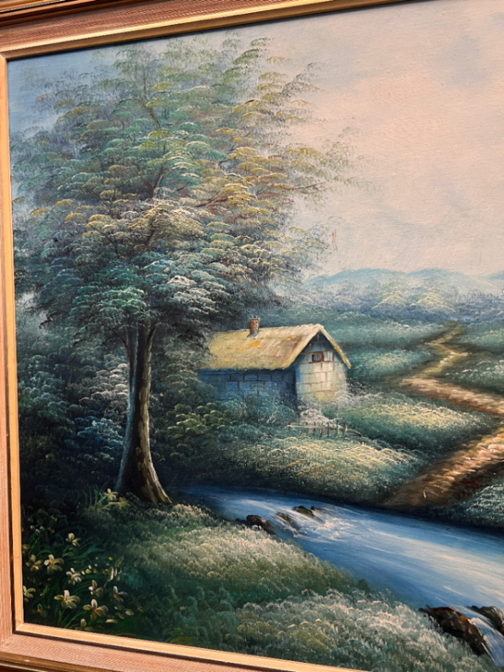 Framed Landscape Oil Painting with Rural Scene — Good Condition