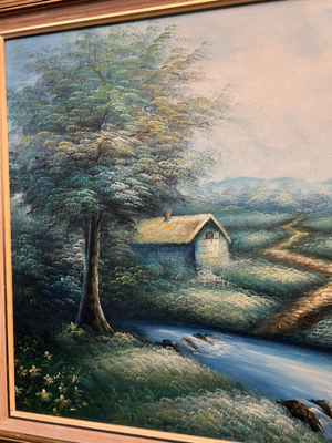 Framed Landscape Oil Painting with Rural Scene — Good Condition