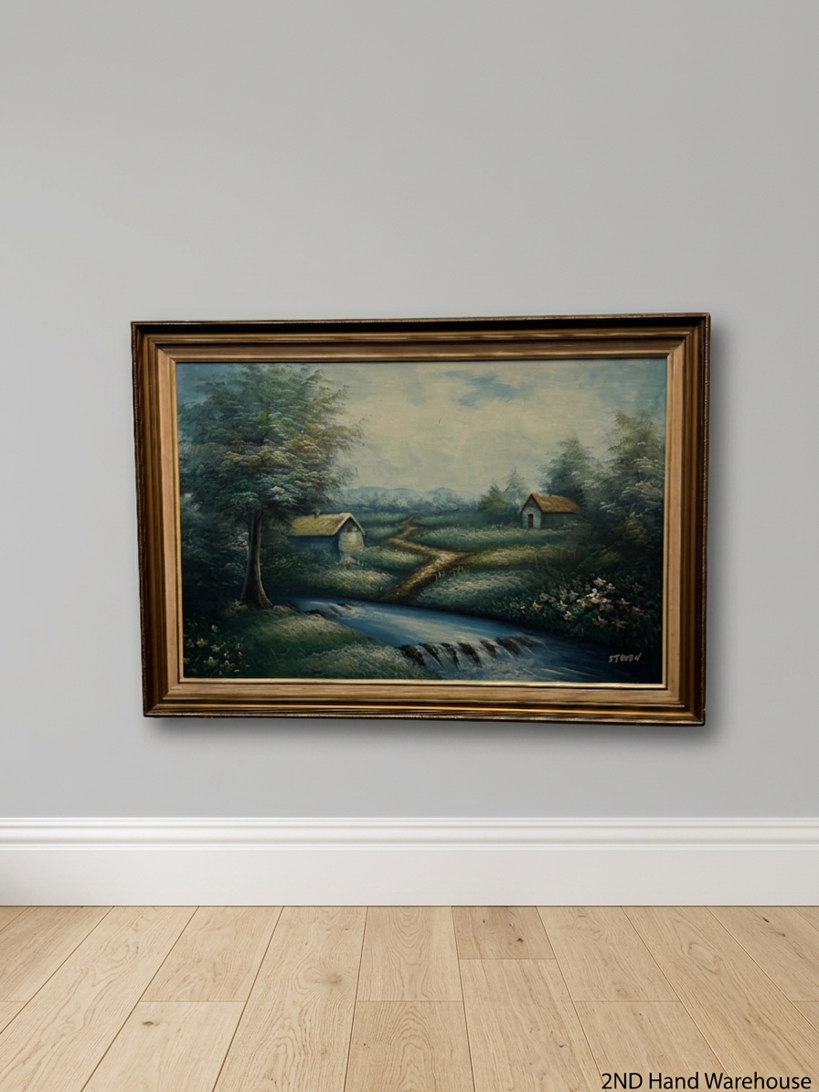 Framed Landscape Oil Painting with Rural Scene — Good Condition