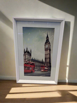 Framed Print of Big Ben and Red Buses - Vintage Style Art