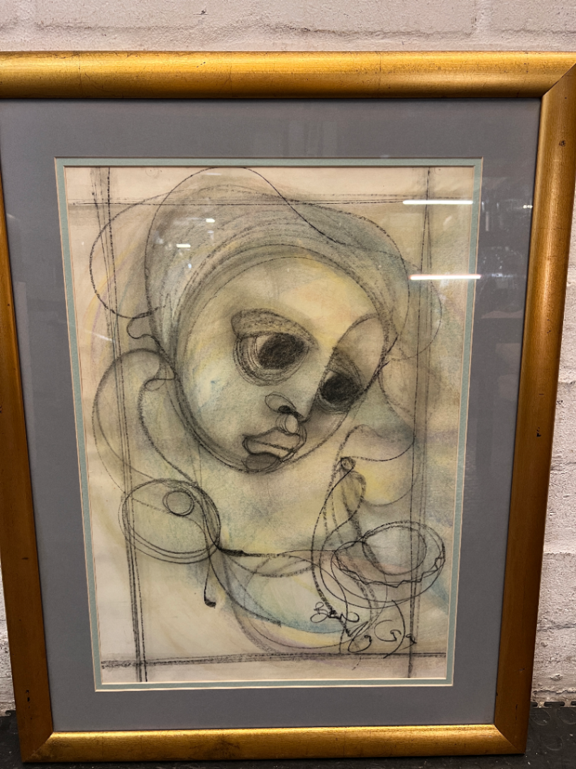 Framed Sketch Art with Gold-Toned Frame — Good Working Order