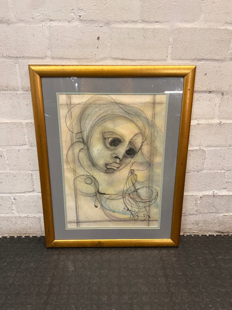 Framed Sketch Art with Gold-Toned Frame — Good Working Order
