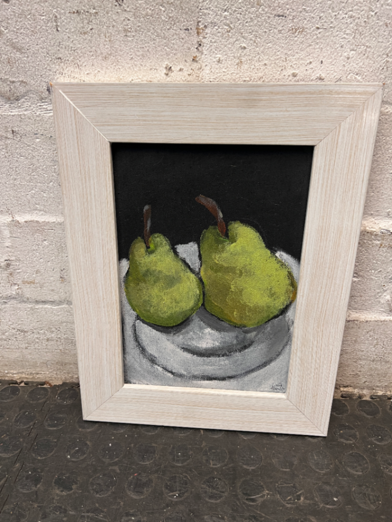 Framed Still Life Pear Painting with Light Wood Grain Frame