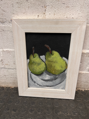Framed Still Life Pear Painting with Light Wood Grain Frame