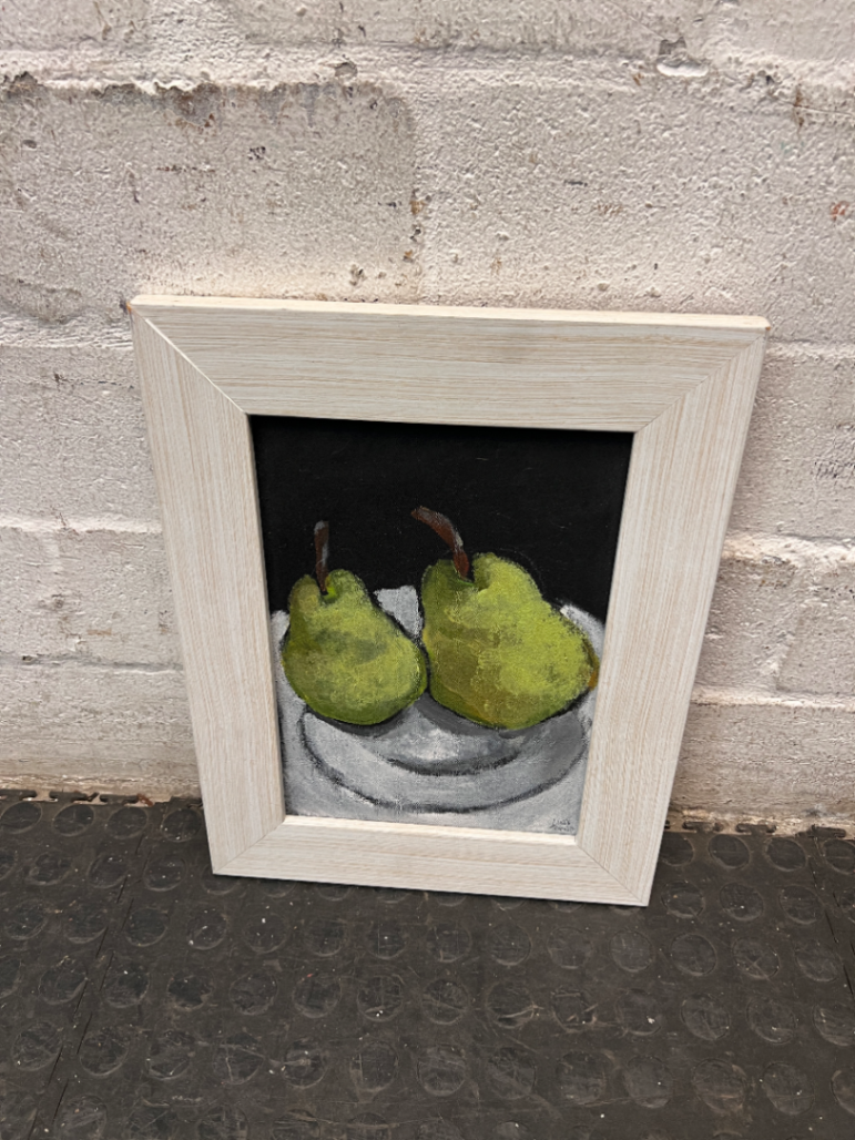 Framed Still Life Pear Painting with Light Wood Grain Frame