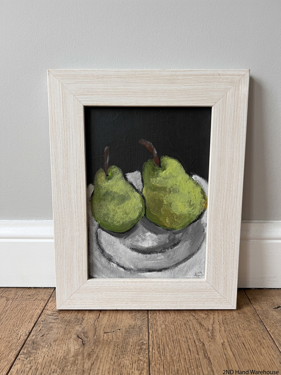 Framed Still Life Pear Painting with Light Wood Grain Frame
