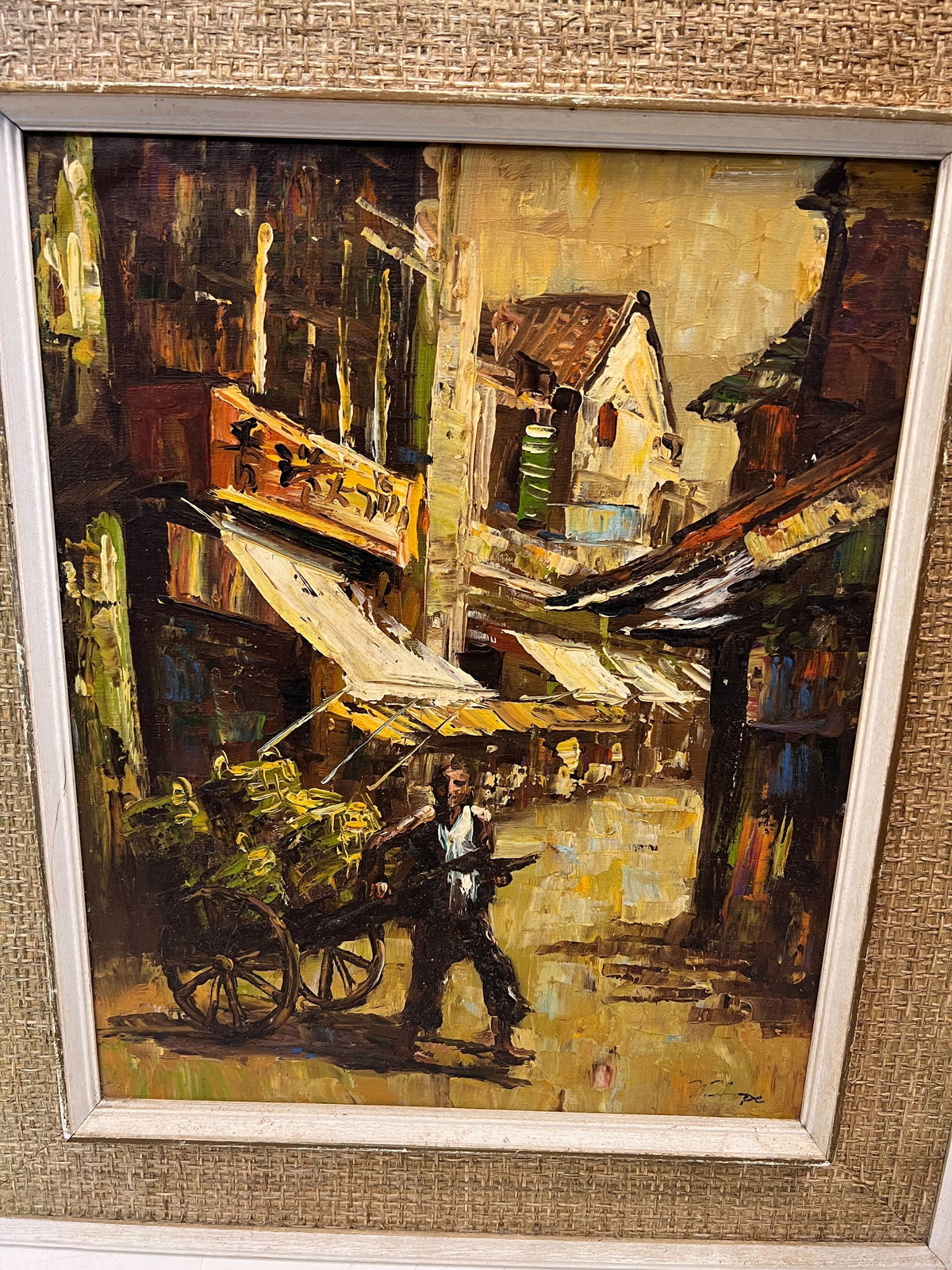 Framed Vintage Oil Painting of Street Scene – Charming Wall Décor