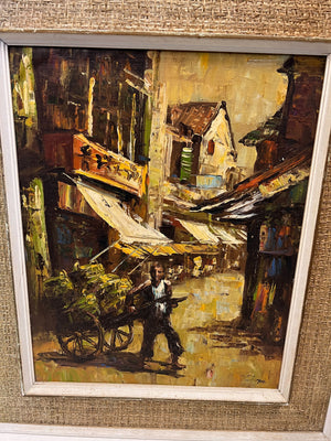 Framed Vintage Oil Painting of Street Scene – Charming Wall Décor
