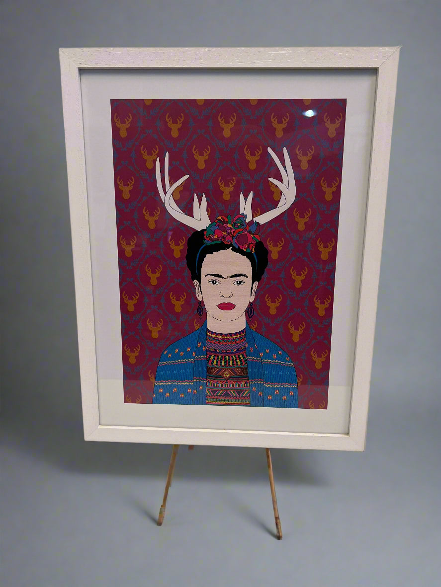 Frida Kahlo Art Print in White Frame – Vibrant Design, Unique Decor - REDUCED