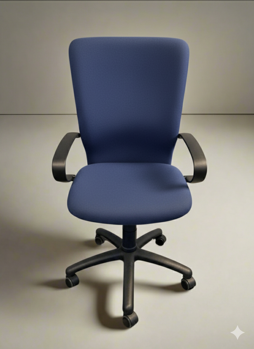 Blue office chair with black arms and base on a neutral background