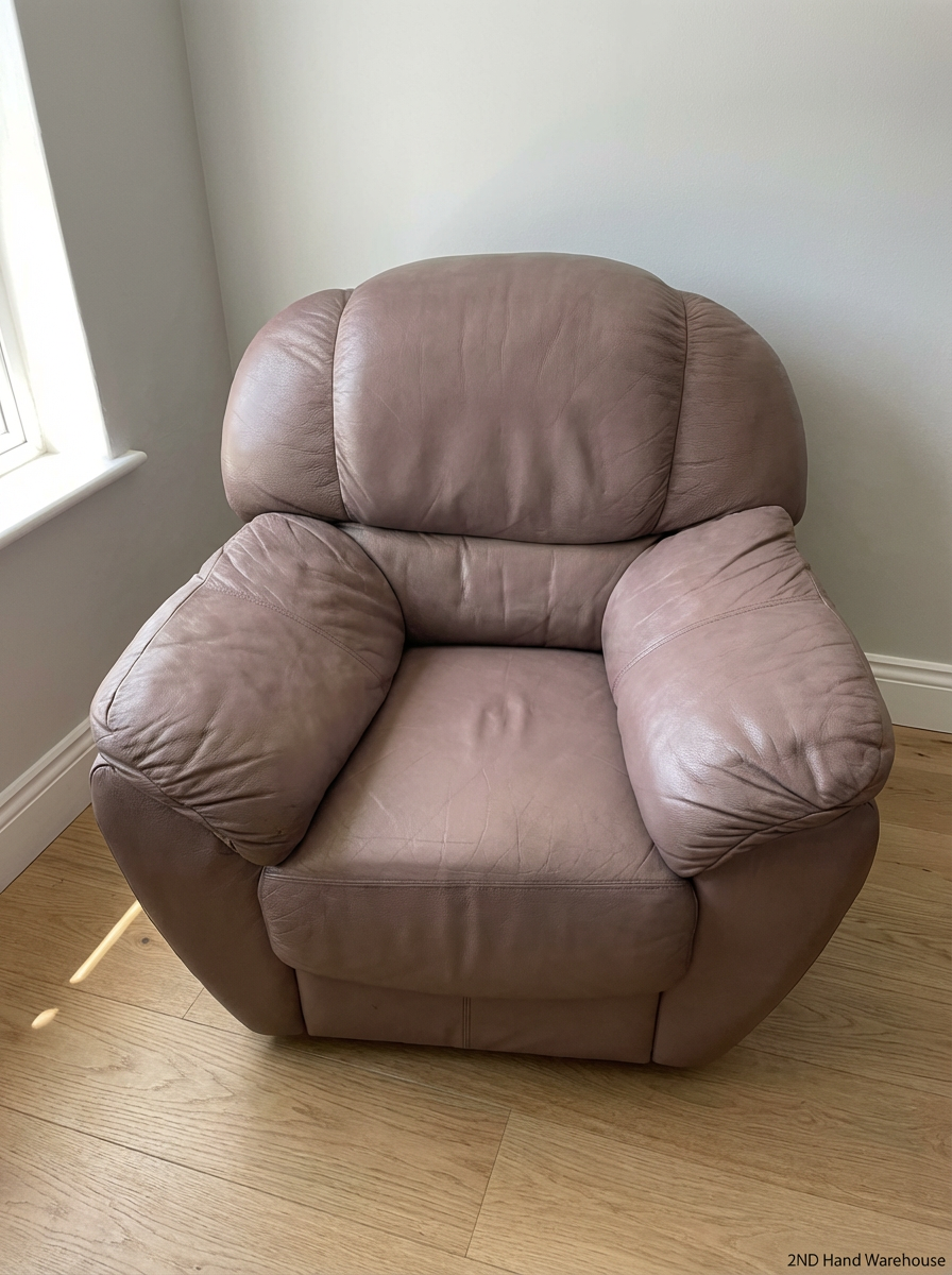 Genuine Leather 1 Seater Couch in Taupe - Well Used Condition - 2ndhandwarehouse.com