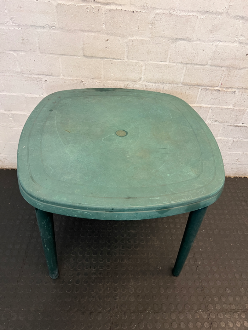 Green Moulded Plastic Outdoor Garden Table — Fair Condition with Surface Wear - 2ndhandwarehouse.com