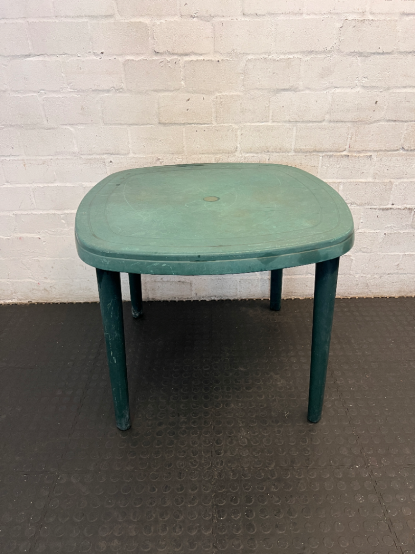 Green Moulded Plastic Outdoor Garden Table — Fair Condition with Surface Wear - 2ndhandwarehouse.com