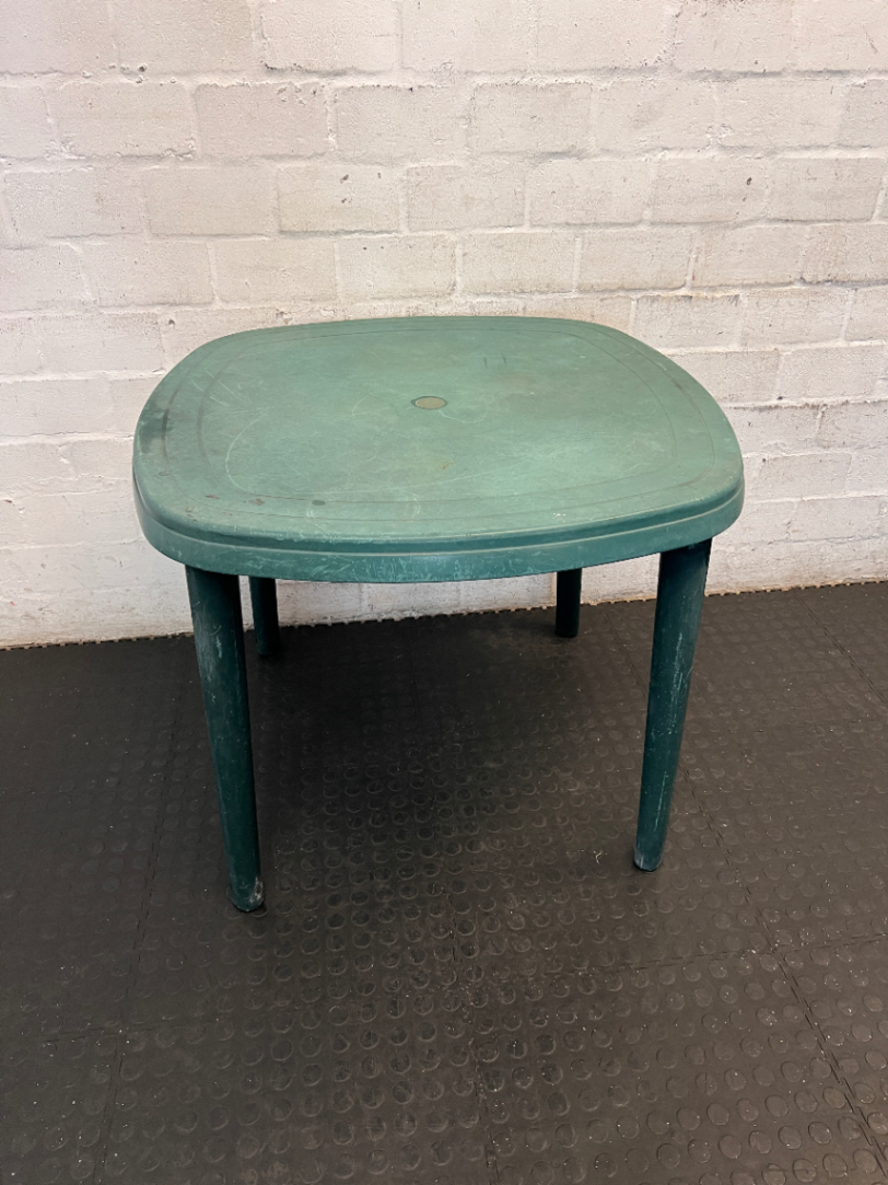 Green Moulded Plastic Outdoor Garden Table — Fair Condition with Surface Wear - 2ndhandwarehouse.com