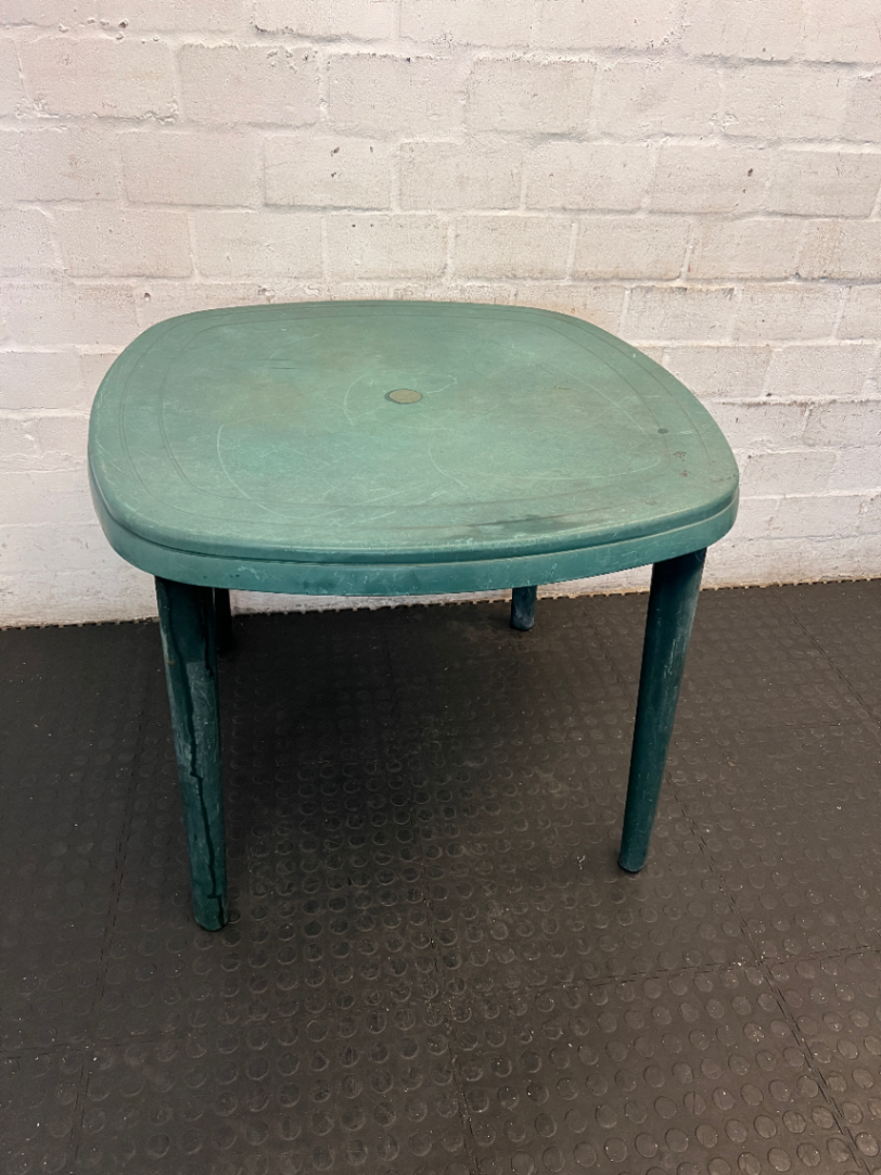Green Moulded Plastic Outdoor Garden Table — Fair Condition with Surface Wear - 2ndhandwarehouse.com