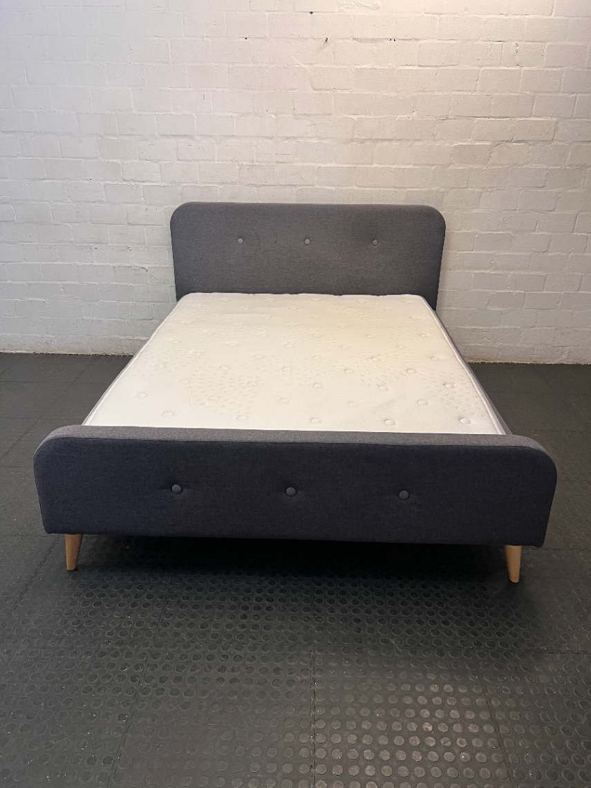 Grey Button Upholstered Queen XL Bedframe and Mattress — Good Working Order