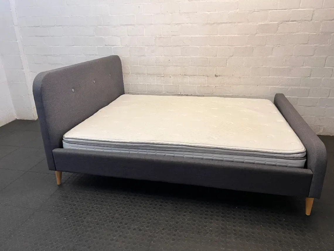 Grey Button Upholstered Queen XL Bedframe and Mattress — Good Working Order