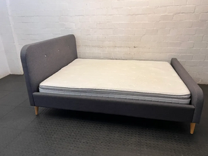 Grey Button Upholstered Queen XL Bedframe and Mattress — Good Working Order