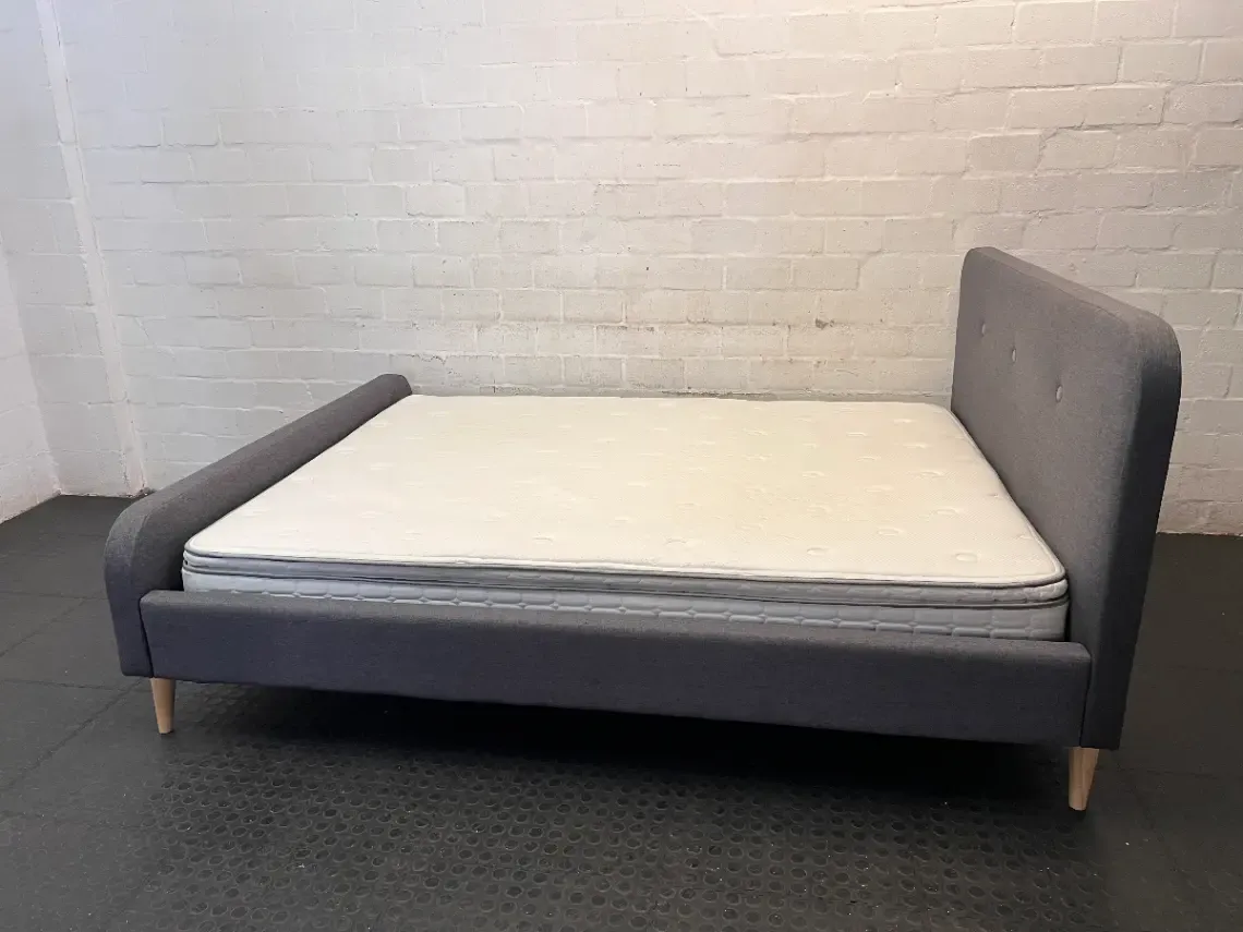 Grey Button Upholstered Queen XL Bedframe and Mattress — Good Working Order