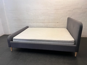 Grey Button Upholstered Queen XL Bedframe and Mattress — Good Working Order
