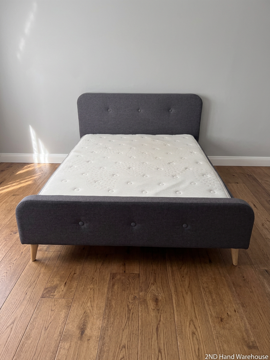 Grey Button Upholstered Queen XL Bedframe and Mattress — Good Working Order
