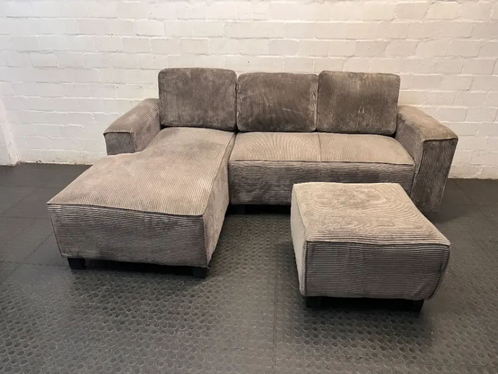 Grey Corduroy L-Shape Couch with Ottoman — One Broken Leg