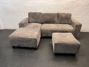 Grey Corduroy L-Shape Couch with Ottoman — One Broken Leg