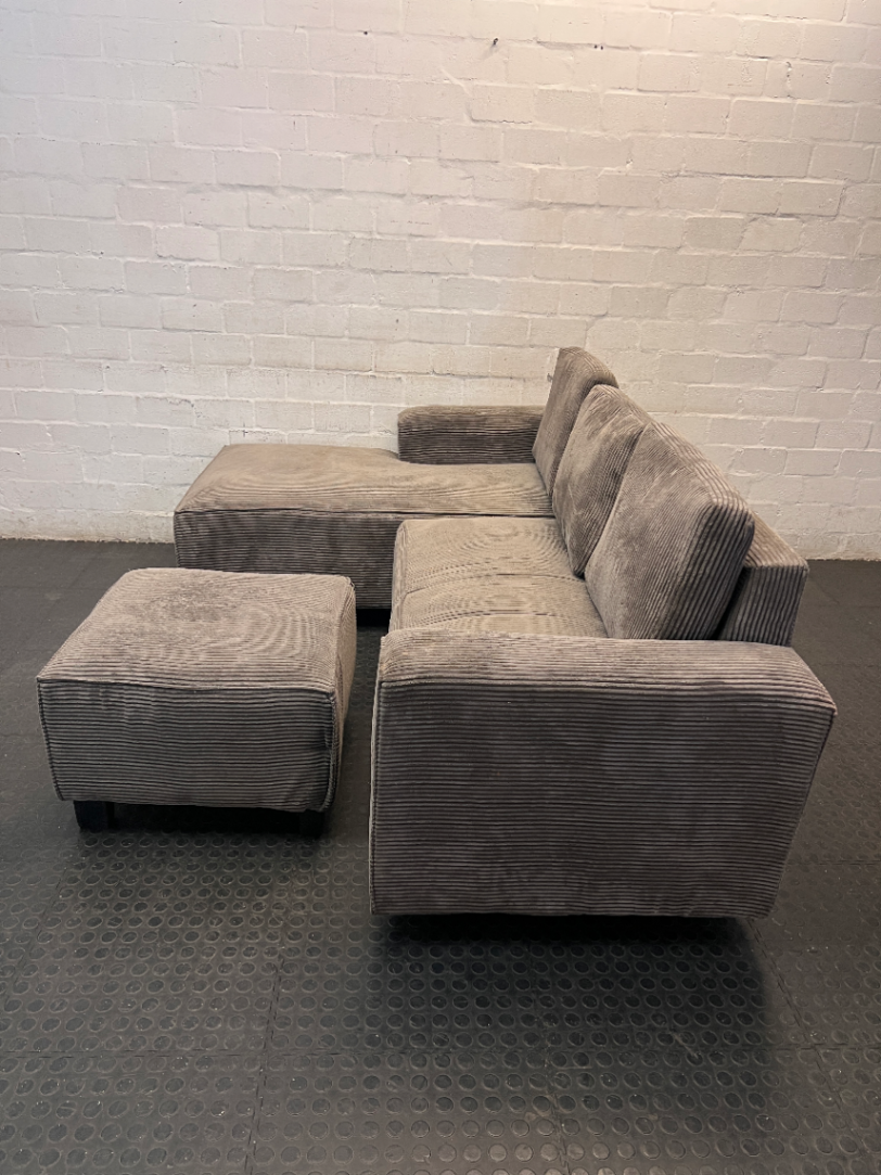 Grey Corduroy L-Shape Couch with Ottoman — One Broken Leg