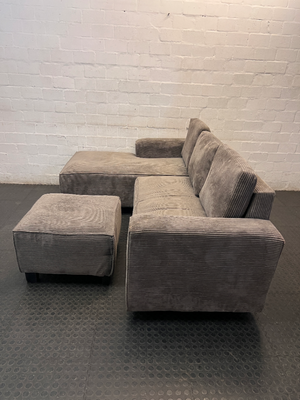 Grey Corduroy L-Shape Couch with Ottoman — One Broken Leg