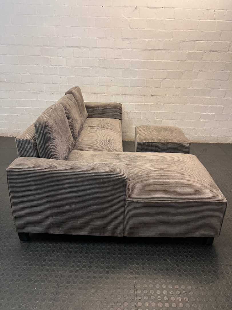 Grey Corduroy L-Shape Couch with Ottoman — One Broken Leg