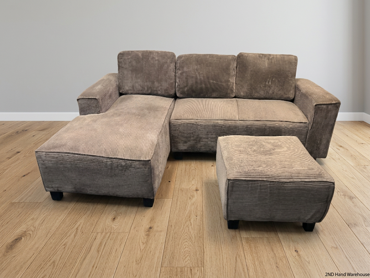 Grey Corduroy L-Shape Couch with Ottoman — One Broken Leg
