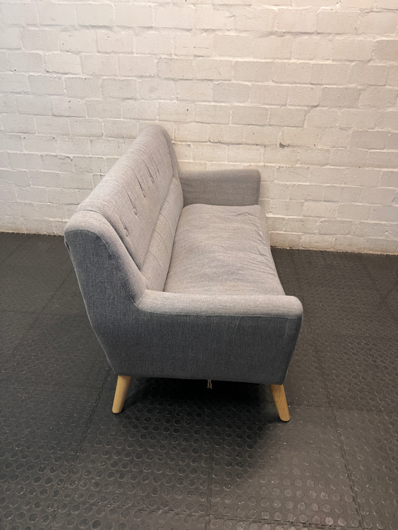 Grey Cotton 3 Seater Couch with Tapered Wood Legs — Spring Out; Functional Fair Condition
