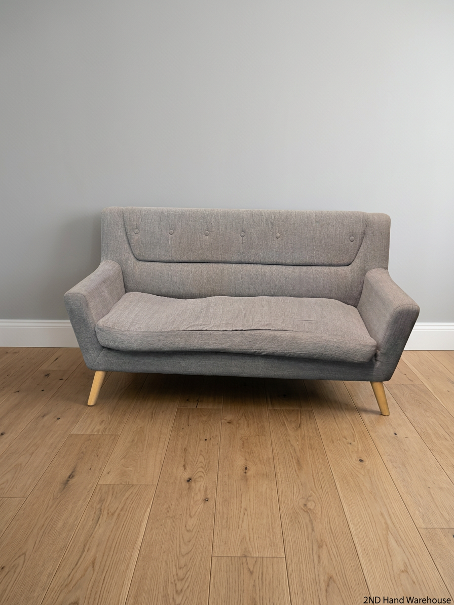 Grey Cotton 3 Seater Couch with Tapered Wood Legs — Spring Out; Functional Fair Condition