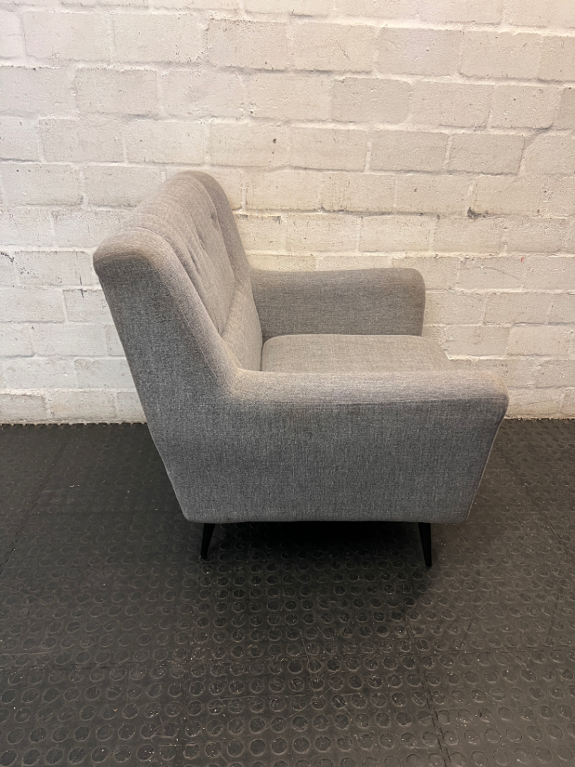 Grey Cotton Upholstered 1 Seater Couch — Missing One Leg and Damaged Support