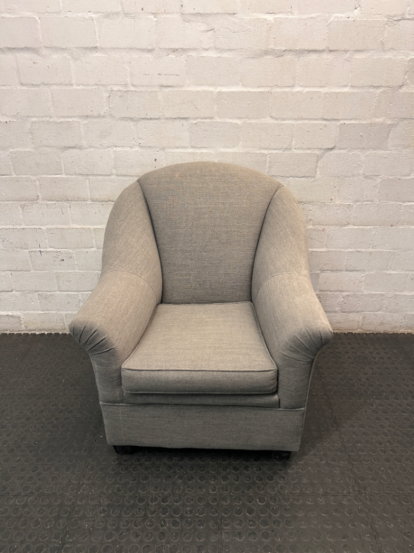 Grey Fabric Arched Armchair — Fair Condition with Visible Wear