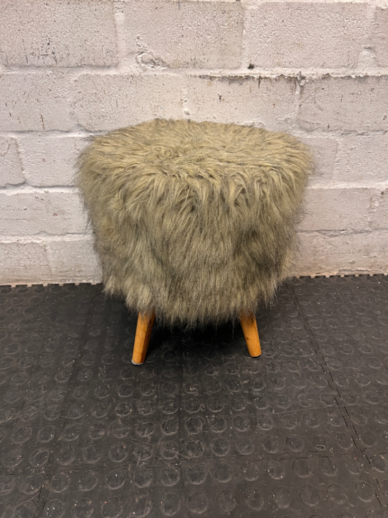 Grey Faux Fur Ottoman with Wooden Legs — Slightly Dirty Faux Fur Upholstery