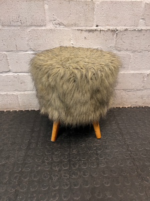 Grey Faux Fur Ottoman with Wooden Legs — Slightly Dirty Faux Fur Upholstery