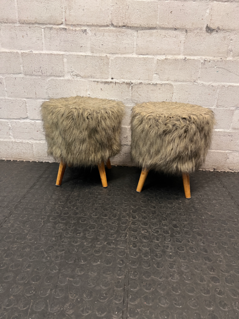 Grey Faux Fur Ottoman with Wooden Legs — Slightly Dirty Faux Fur Upholstery