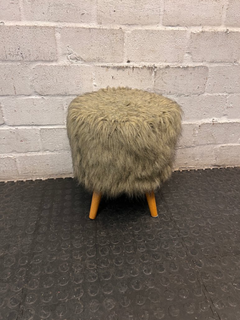 Grey Faux Fur Ottoman with Wooden Legs — Slightly Dirty Faux Fur Upholstery