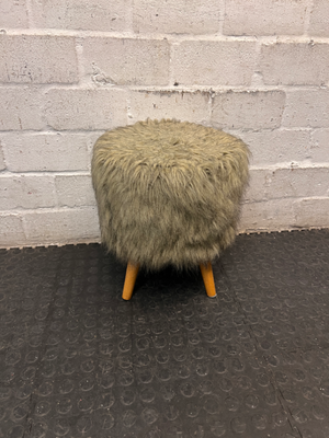 Grey Faux Fur Ottoman with Wooden Legs — Slightly Dirty Faux Fur Upholstery