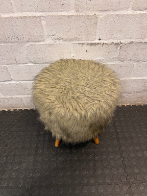 Grey Faux Fur Ottoman with Wooden Legs — Slightly Dirty Faux Fur Upholstery