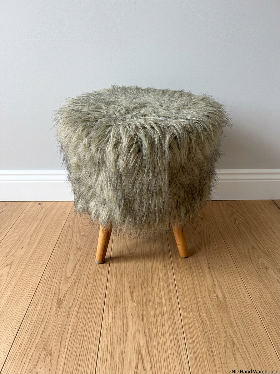 Grey Faux Fur Ottoman with Wooden Legs — Slightly Dirty Faux Fur Upholstery