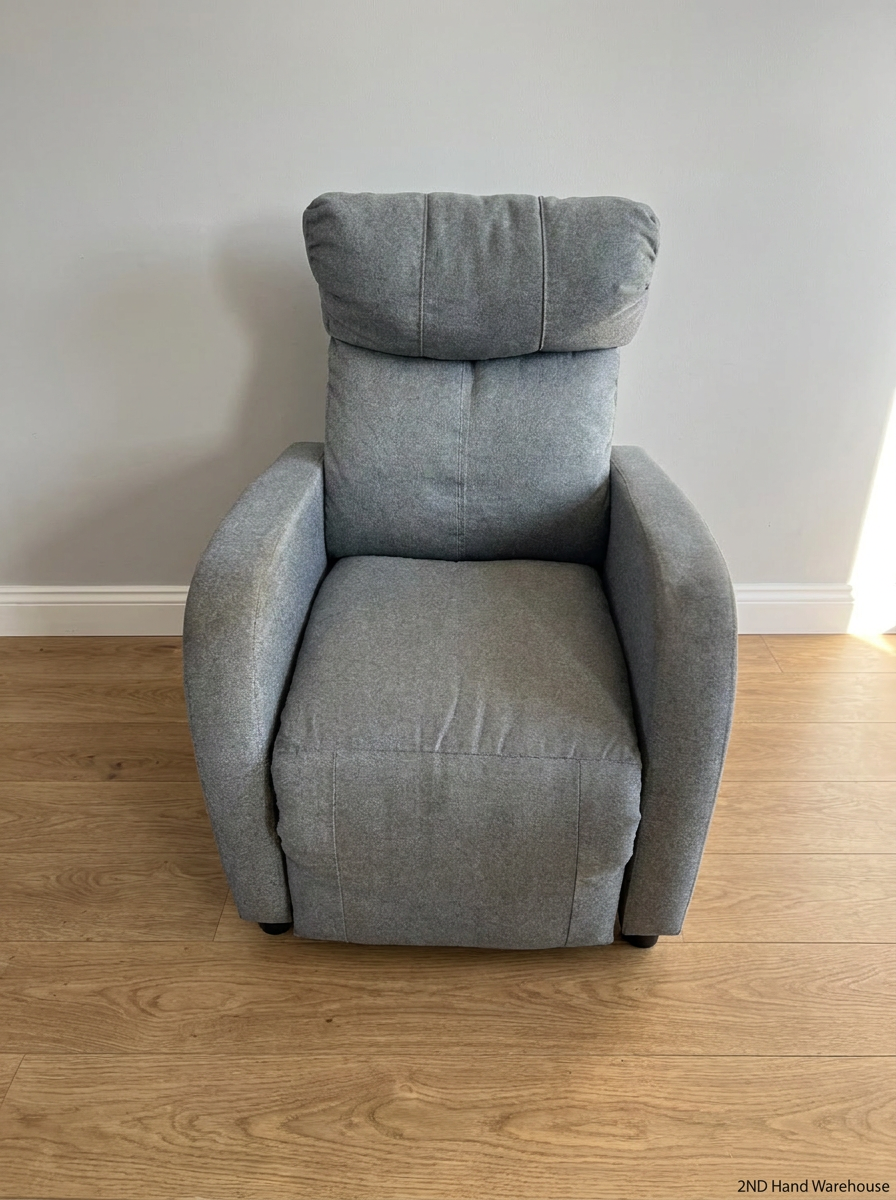 Grey High-Back Fabric 1 Seater Couch — Fair Condition with Visible W - 2ndhandwarehouse.com